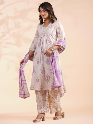 Image of Vbuyz Women Floral Print With Mirror Work Cotton Kurta Palazzo With Dupatta