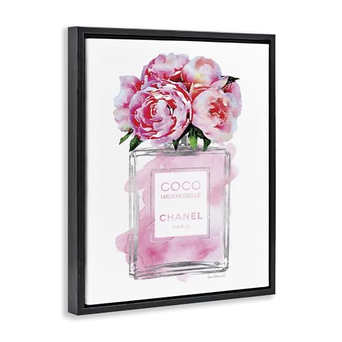Image of Stupell Industries Glam Perfume Bottle V2 Flower Silver Pink Peony, Design by Amanda Greenwood,Black Floater Framed,24 x 30 | Stupell Industries | Black, 25 x 31 Inches, Easy to Hang and Sturdy, Made in USA, by Amanda Greenwood