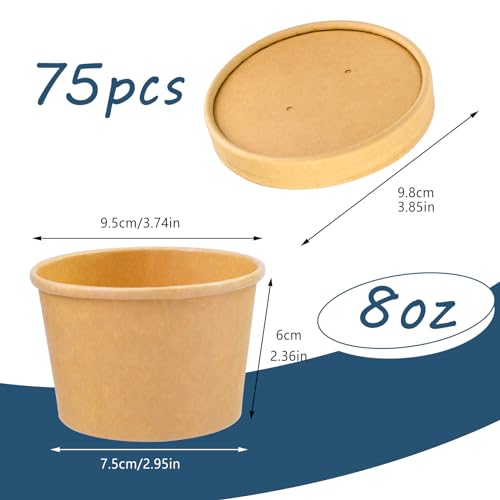 Image of 8 oz 75 Pack Ice Cream Cups with Lids, Paper Soup Cups Disposable | Paper Soup Containers with Lids for Soups, Stews, Ice Creams, Sorbet and Salads