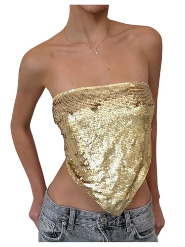 MakeMeChic Women's Sequin Sparkly Tie Backless Tube Crop Tops Strapless Bandeau Top Clubwear