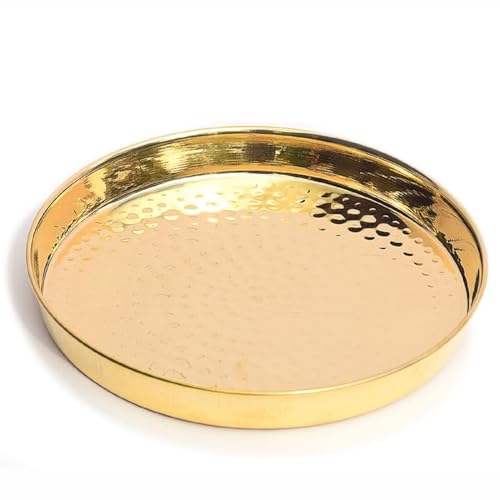 Image of Pure Source India Brass Hammered Thali /Tray, Pooja Thali, 1-Piece, Gold, Round, Pack of 1 (10 inch)
