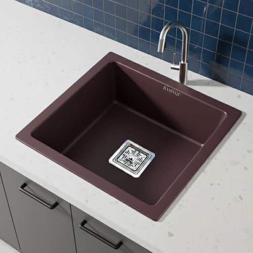 Image of BASINQU Quartz Sink for Kitchen | 18x16x9 Inches Brown Single Bowl Kitchen Sink | Granite UV Protected, Granite Scratch Resistant, Undermount /Topmount