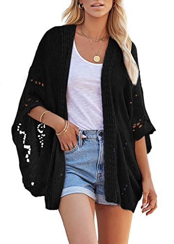 Image of Ermonn Crochet Cardigan Sweaters for Women Open Front Kimono Batwing Sleeve Plain Casual Lightweight Outerwear