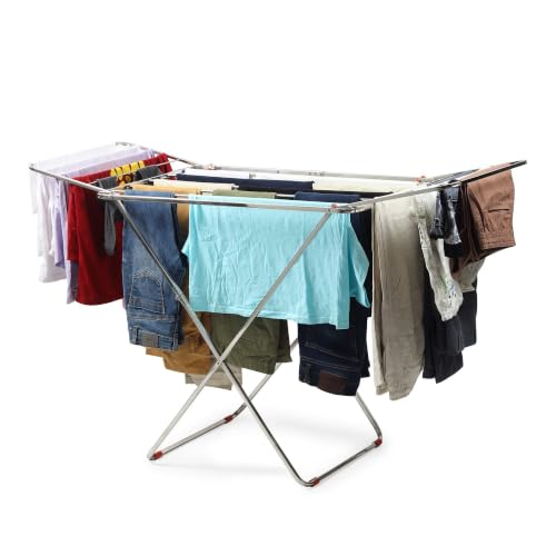 Image of H Houseware Stainless Steel Foldable Clothes Drying Stand (162 x 47 x 83 cm) | Heavy Duty Rust Resistant Laundry Drying Rack | Portable Indoor Outdoor Drying Stand | Space Saving Folding Rack