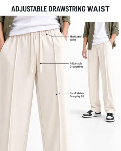Generic Men's Wide Leg Loose Fit Trousers, Elastic Waist, Cream, Size - Image 5