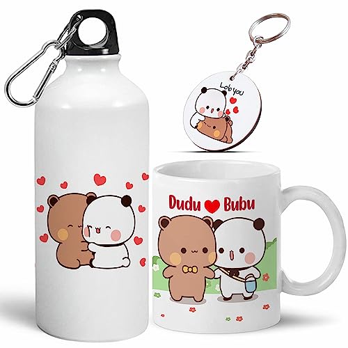 Image of Bubu Dudu Love Gift for Birthday /Anniversary Sipper Water Bottle Aluminium with Coffee Mug, Wooden Keychain Combo Pack NMSK (BOTTLEMUGKEY-1)