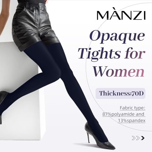 MANZI 2 Pairs Run Resistant Control Top Panty Hose Opaque Tights, Large, Navy blue