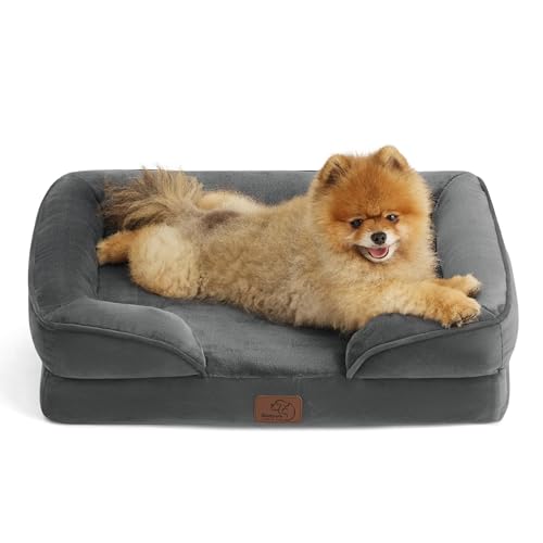 Image of Bedsure Small Orthopedic Dog Bed - Washable Bolster Dog Sofa Beds for Small Dogs, Supportive Foam Pet Couch Bed with Removable Washable Cover, Waterproof Lining and Nonskid Bottom Couch, Dark Grey