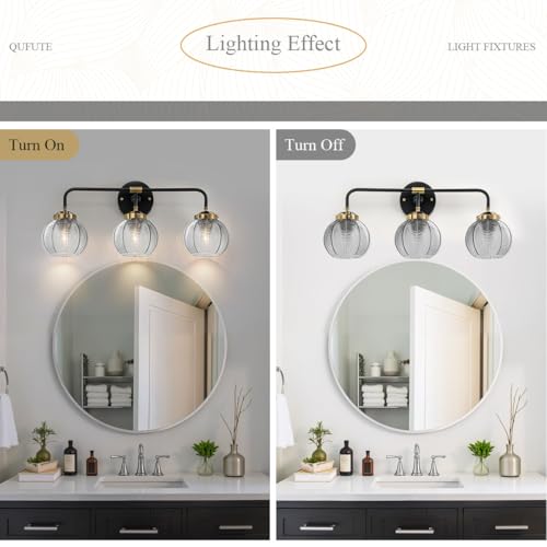 Image of Black Bathroom Light Fixtures 3-Lights Vintage Vanity Wall Sconce Over Mirror with Ribbed Smoky Gray Globe Shade Mid Century Modern Lights Fixture Art Deco Farmhouse Vanity Lighting
