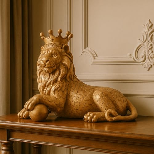 Image of Xtore Regal Gold Lion Figurine with Crown | Royal Decorative Statue | Handcrafted Resin Art | Luxury Home Accent -(Pack of 1, Golden)