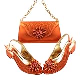 Italian Design Nigerian Low Heels and Clutch Bag Set for Women Appliques Shoes and Bag Set Orange 38