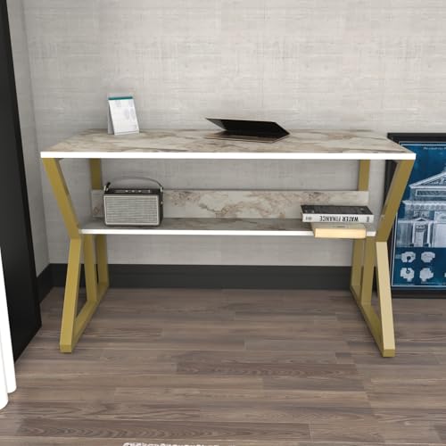 DECOROTIKA Wake Escritorio, Madera de ingeniería Metal, Efecto mármol Blanco y Dorado, Height: 72,8 cm | Width: 120 cm | Depth: 60 cm