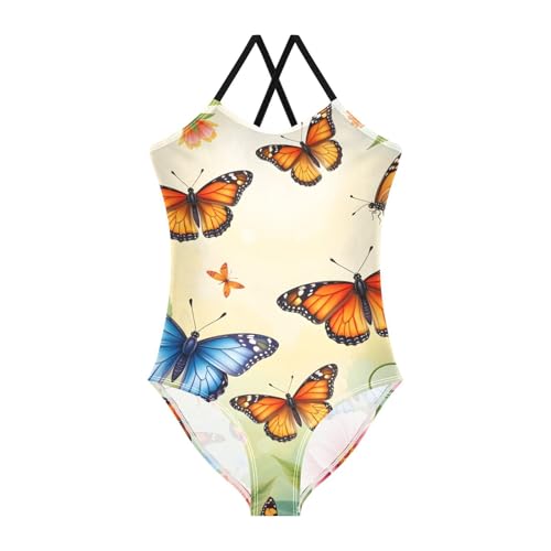Butterfly Flowers Girls Swimsuits Quick Dry Crossback One Piece Beach Swimwear Bathing Suit