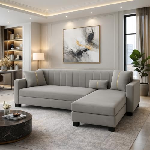 Image of SOCOZI Almeria 4 Seater RHS L Shape Sofa Set | Soft Velvet Suede Fabric | Modern Design | Plush Comfort Cushions for Living Room (Light Grey)