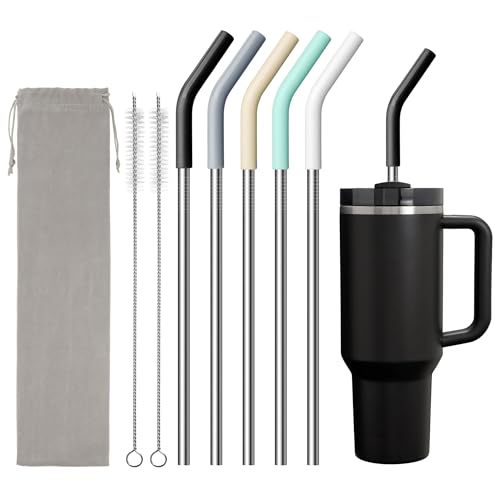 Image of Metal Straw for 40 oz Stanley Cup, Reusable Stainless Steel Straws with Silicone Tip for Simple Modern, Meoky 40oz Tumbler, 12 inch Extra Long Straws, Cleaning Brush, 1 Portable Bag