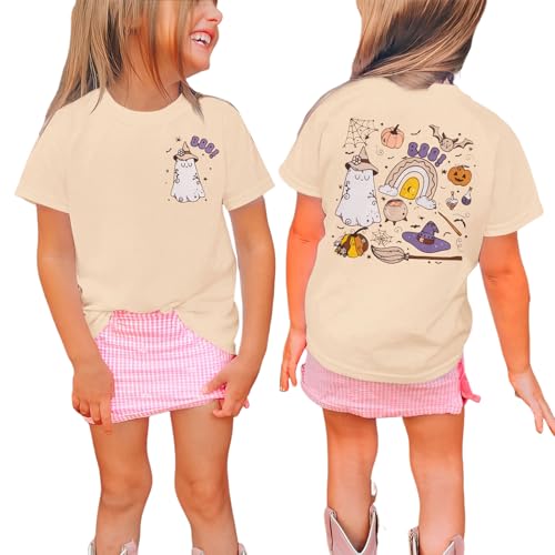 BOUTIKOME Toddler Baby Girls Halloween T-Shirts Boo Ghost Pumpkin Witches Graphic Shirts Kid Short Sleeve Tees Fall Tops