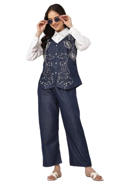 JPFASWORLD Women Embroidered Denim Top, Shirt, and Trousers 2-Piece Co-ord Set, wide leg pant set-picture-31