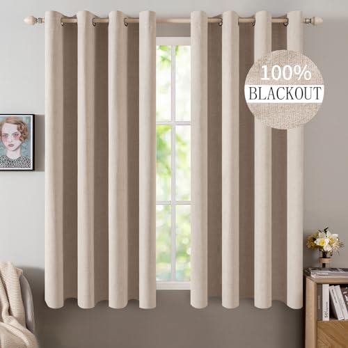 Image of MIULEE Linen Textured Curtains for Bedroom Solid 100% Blackout Thermal Insulated Natural Beige Grommet Room Darkening Curtains & Drapes Luxury Decor for Living Room Nursery 52 x 63 Inch (2 Panels)