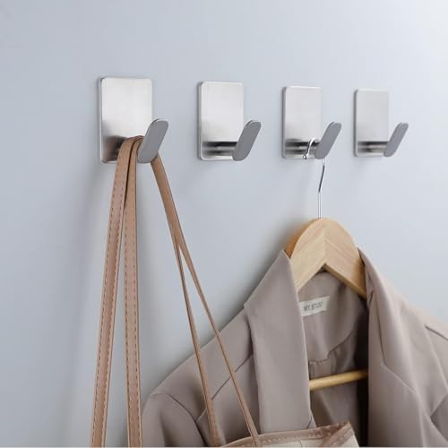 DELITON Sticky Hooks for Hanging Adhesive, Silver Wall Hooks for Bathroom Kitchen Office Stainless Steel Heavy Duty No Damage, Brushed Nickel, 6 Pack DELITON Sticky Hooks for Hanging Adhesive, Silver Wall Hooks for Bathroom Kitchen Office Stainless Steel Heavy Duty No Damage, Brushed Nickel, 6 Pack