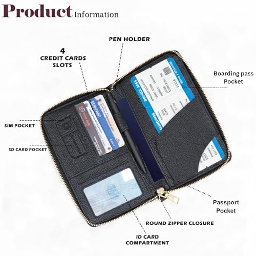 Image of Mensch Faux Leather Travel Passport Holder, RFID Blocking Premium Travel Document Organiser with Secure Zipper Closure Passport Cover & Travel Accessories for Men & Women (Black)