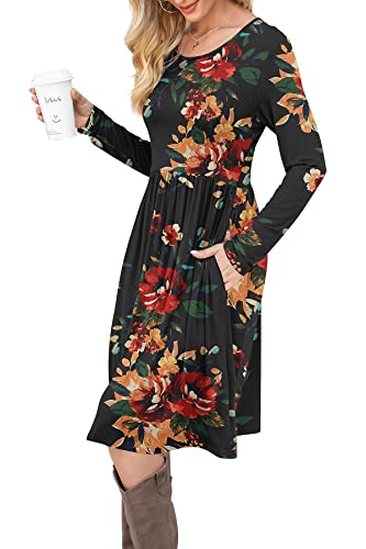 DB MOON Women Casual Long Sleeve Dresses Empire Waist Knee Length Loose Dress with Pockets4