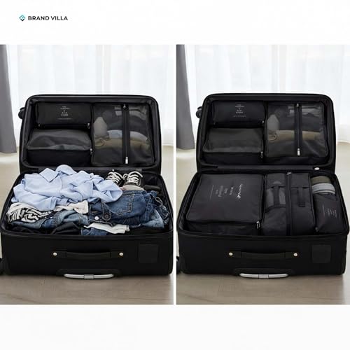 Image of BRAND VILLA 7 Pcs Travel Organizer Set Packing Cubes Luggage Organizer Bags with Shoe Bag, Laundry Pouch & Toiletry Bag for Clothes, Shoes, Accessories, Lightweight Travel Storage for Suitcase (Black)