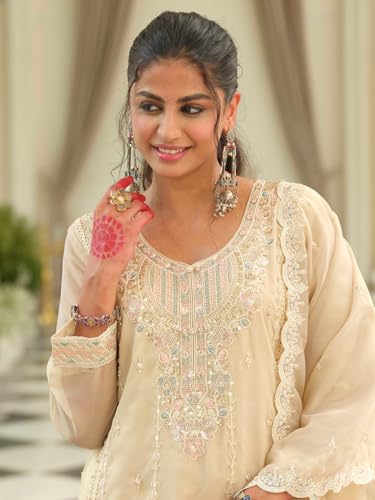 Image of INDO ERA Women's Silk Blend Floral Embroidered Straight Kurta & Pant With Dupatta Set (IEOUT12442)