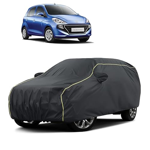 Image of Sulfar 100% Water Resistant Car Body Cover Compatible with Mirror for Hyundai Santro (Triple Stitched, Full Bottom Elastic, Dark Grey Taffeta with Yellow Piping)
