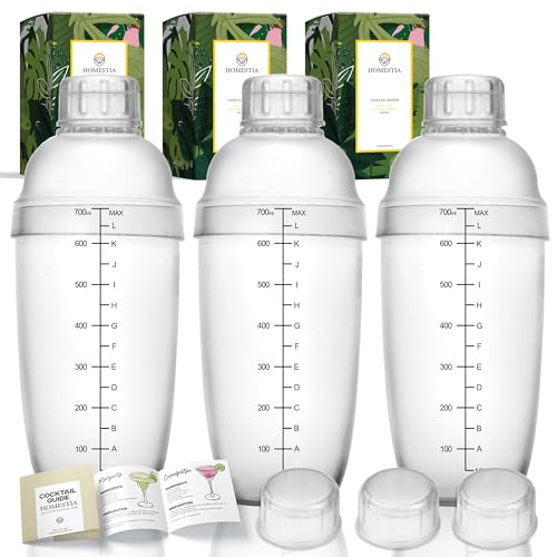 Homestia 3 Pack Plastic Cocktail Shaker Set - 24oz 700ml Drink Mixer with Built-in Strainer Extra Cap, Recipes Book, Leakproof Bartender Kit for Cocktails, Boba Tea, Milkshakes