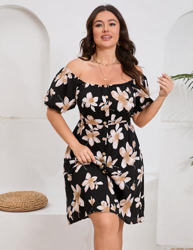 Image of Plus Size Women Boho Floral Dress Puff Short Sleeve Square Neck Button Front A-Line Flowy Summer Casual Midi Dress