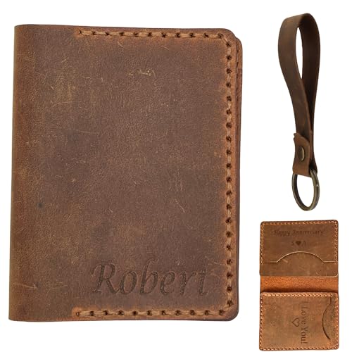 Personalized Engraved Minimalist Genuine Leather Wallet for Men and Women, Custom Card Holder Wallets with 4 Card Slots with Keychain and Giftbox, Gifts for Birthdays, Christmas (Brown)2