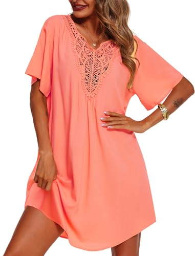 Supnier Womens Bathing Suit Coverups Dress Soft Loose Fitting Swim Cover Up Lace V-Neck Short Sleeve Swimsuit Coverup Coral 3XL