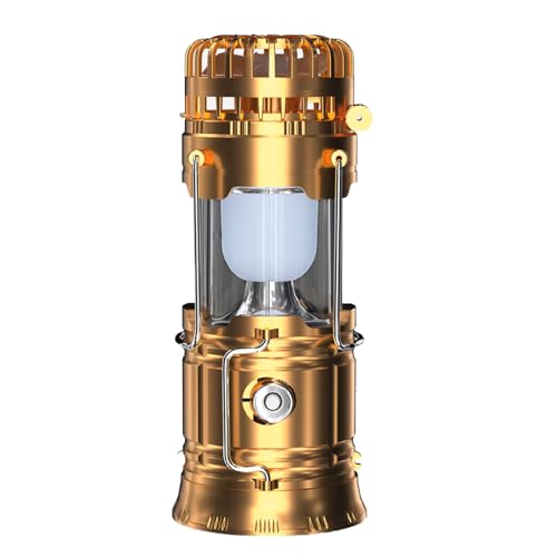 Ventilador de camping con linterna LED, luz solar de aventura y ventilador portátil, equipo multifuncional recargable para exteriores con banco de energía, batería larga, iluminación de emergencia