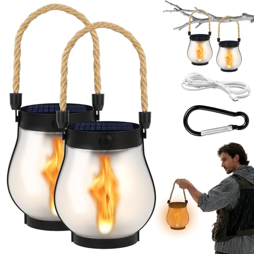 Adiwo Solar Laternen für Draußen, 2 Stück Solarlaterne für Außen mit Realistische Flammeneffekte, Solarlampen für Außen Hängend mit Dualmodus, Solar Laterne Garten Deko mit Flacker Effekt