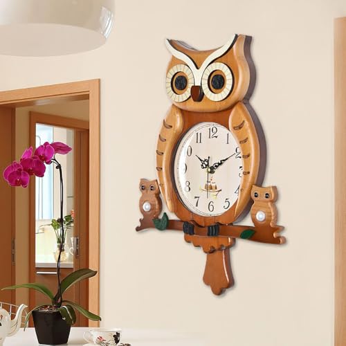 Reloj de pared péndulo de madera con diseño búho, silencioso y a batería miniatura 5