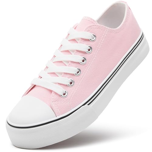 ZGR Womens White Tennis Shoes for Women,Lace up Canvas Sneakers,Casual Walking Canvas Shoes(Pink.US9)