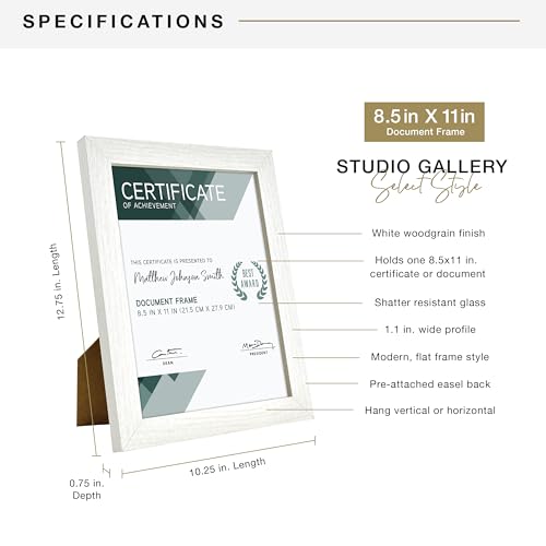 MCS Studio Gallery 8.5x11 Picture Frame White Woodgrain, Rectangle Photo Frame for Photos, Posters & Art Prints & Easel for Tapletop Display (1-Pack)