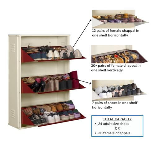 Image of DELITE KOM 29 inch Wide, 6 Shelf Metal Shoe Rack Wall Mounted for Home with Central Lock Holds Upto 24 Shoes or 36 Slippers Pair Double Decker, 1Yr Warranty, (41x29x8, Ivory Brick Red), DIY, Space Saver
