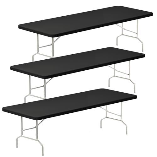 Fixwal 8FT Table Cloth for Rectangle Tables, 3 Pack Black Tablecloths Rectangular Stretch Spandex Fitted Table Covers 8 Foot for Party, Dining Kitchen, Buffet, Graduation Decorations