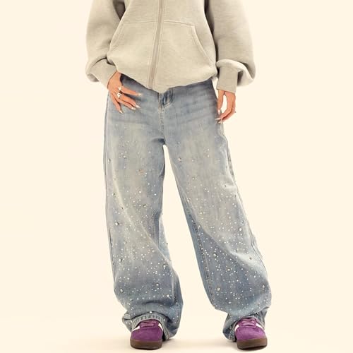 Mens Rhinestone Jeans Vintage Baggy Sparkly Pearl Bling Jeans Chic Wide Leg Denim Pants Womens Y2K Grunge Clothes2