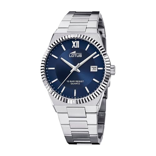 LOTUS Reloj Hombre Analógico de Acero Inoxidable 316l Plateado   Movimiento de Cuarzo   Calendario   Cristal Mineral de Alta Resistencia   Resistente al Agua 10 ATM 18835/2 Freedom