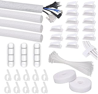 SOULWIT Cable Management Kit, 4 Cable Sleeve, 3 Silicone Cable Holder, 10+2 Roll Cable Organiser Straps, 15 Large Cord Clips and 100 Wire Organizer Ties for TV PC Under Desk Office