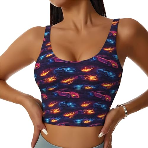 VOSERY Sujetadores deportivos para mujer de alto soporte, color rojo y azul, estampado de coche, atlético, correr, entrenamiento, camiseta sin mangas, Negro, S