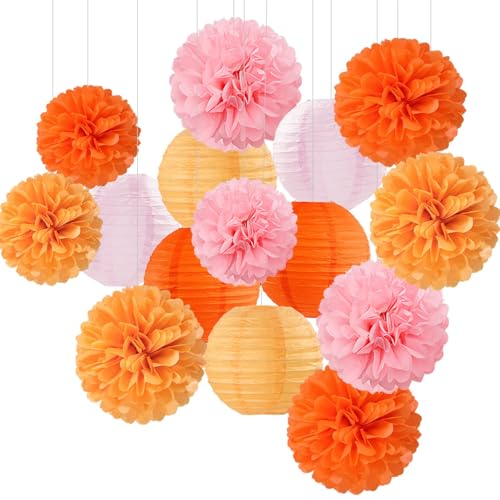 Image of Pink-Orange Groovy Party-Decorations Paper-Flowers Lanterns - 15PCS Baby Shower Tissue Pom Poms Streamers, Fall Wedding Boho Birthday Bridal Bachelorette Sunset Hanging Supplies Decor Hugfond
