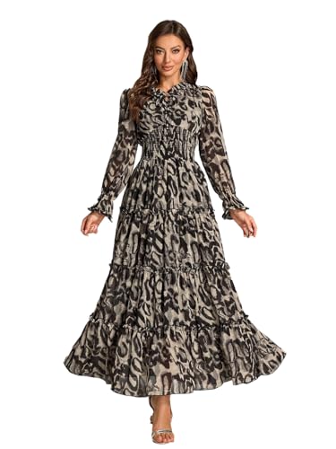 Image of TOLEEN Summer Casual Dresses for Women 2024 Spring Fashion Boho V Neck Long Sleeve Ruffle Floral Print Elegant Maxi Dress