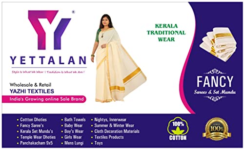 Image of Women's Kerala Traditional Cotton Kasavu Saree with Running Blouse | Sari for Weddings, Festivals, Temple Visits, Onam Vishu & Regular Wear
