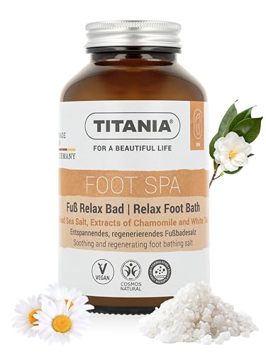 TITANIA Sal de baño de pies 360 g con extracto de manzanilla y té blanco, cuidado natural de los pies para la relajación y la regeneración, vegana, sin microplásticos, dermatológicamente probado