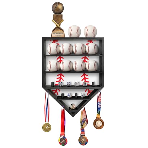 Baseball Ring Display Case - Solid Wood Wall Mounted Baseball Holder for Balls Championship Rings Medals & Trophies - Perfect Baseball Fan Gift (Black)
