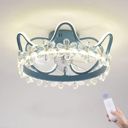 Ventilador de Techo con luz, Perfil bajo, para habitación de niñas, oscilante de 360°, con Forma de Corona, luz LED Regulable a Distancia, Color Rosa, para Dormitorio, guardería.
