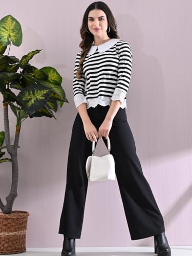 Image of Women's Striped Top with Peter Pan Collar | Elegant 3 /4 Sleeve Lace Trim Shirt | Stylish Casual & Office Wear | Black & White Striped Blouse for Women